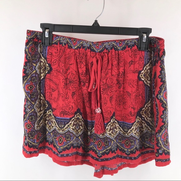 Band of Gypsies Pants - Band of Gypsies Red Boho Viscose Shorts